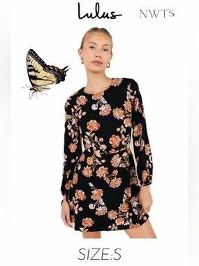 Lulu's Black Floral Long Sleeve Dress